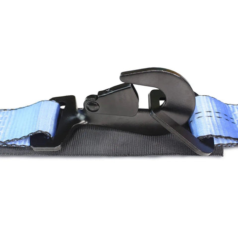 Close-up of Heavy Duty Snap Hook Ratchet Straps 2 Inch By 114 Inch Axle Tie Down Set With 3300 Pound Safe Working Load 4 Pack Blue