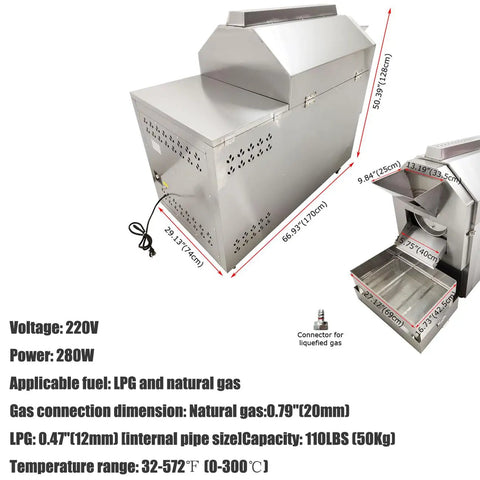 Top Shelf Pro Grade Gas Coffee Roaster 110 Lb Batch Capacity Stainless Steel Bean And Nut Machine from a side angle with control panel.