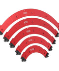 Five red aluminum router radius templates in varying sizes for accurate edge trimming, part of the Straight Up Precision Router Radius Template Set For Flawless Internal And Outer Cabinet Edges Legit Aluminum Alloy Corner Jig Zero Headache Woodworking Legend.