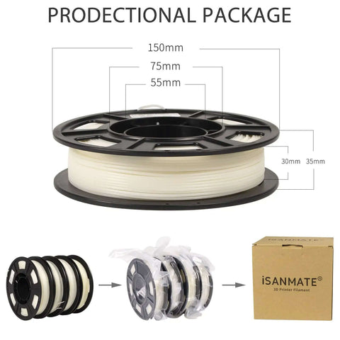 Glow In The Dark Multicolor PLA Filament Bundle 1.75mm 4 Pack 250g Each For 3D Printing packaging and spool dimensions.