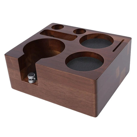 This Dead Easy Acacia Wood Coffee Tamper Station keeps your espresso gear tidy and quick to grab, featuring rubber pads.