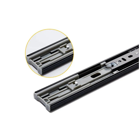Close-up of a Pair Of Metal Buffer Drawer Slides, 16 Inch (400mm), Three-Section Quiet Rail With 45mm Track Width, Smooth Glide To Prevent Jamming.