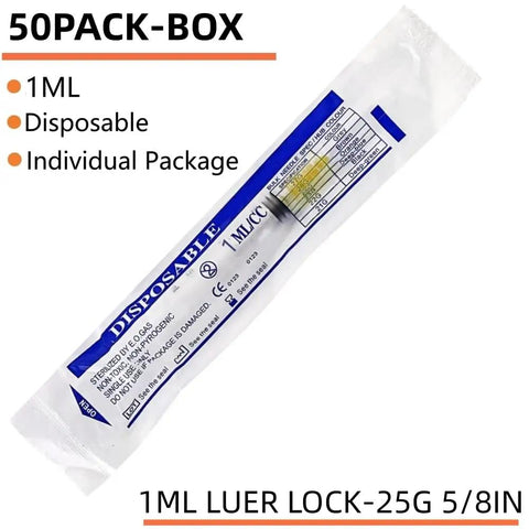 50 Pack 1ml Syringes With 25G 5 By 8 Inch Needles, Individually Sealed For Industrial Lab Use, showing packaging details