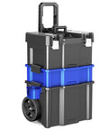 Front view of black and blue 3 Tier Rolling Tool Box With Wheels Portable Stackable Garage Organizer Set Tray Toolbox With Removable Cup Holder
