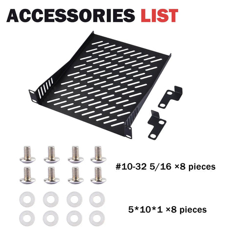 2 Pack 10 Inch 1U Rack Shelf Slick Vented Cantilever Tray Drop In Rack Mount For Server Audio Video Gear Heavy Duty Network Cabinet Cooling Compatible With DeskPi Rackmate Series Plug N Play accessories including screws and washers.