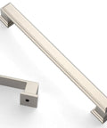 Kickstart Your Reno With This Top Shelf Set Of Ten 6.3 Inch Brushed Satin Nickel Cabinet Handles For Kitchen Drawers showing solid metal, sleek design.