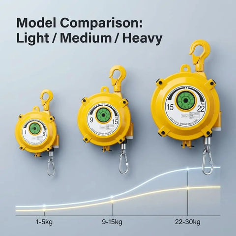 Three yellow spring balancers for different weight ranges; Spring Balancer 33-49 Lbs Tool Balancer With Adjustable Retractable Holder shown in heavy-duty model.