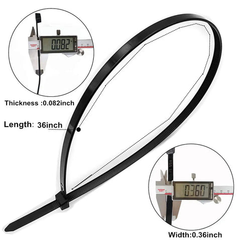 36 Inch Heavy Duty Zip Ties Pack Of 50 Ultra Strong UV Cable Ties displaying length, thickness, and width measurements