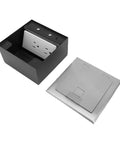 Heavy Duty Pop Up Floor Power Outlet Featuring Double Three Prong Sockets And Brushed Silver Stainless Steel Housing, open view.