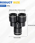 Y Splitter Push To Connect Fittings 3 Way Pneumatic Connector Tube 0.63 Inch Tube OD, Black Plastic, Dimensions Labeled