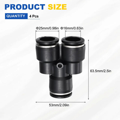 Y Splitter Push To Connect Fittings 3 Way Pneumatic Connector Tube 0.63 Inch Tube OD, Black Plastic, Dimensions Labeled