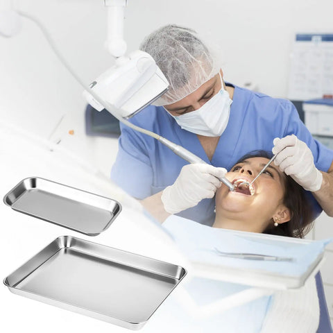 Stainless Steel Tool Organizer Trays Set With One Large Flat-Bottom Tray And Three Small Rust-Resistant Service Trays, Built For Tools, Fasteners, Bits And Small Parts In Your Garage Workshop Pro Grade Organization shown during dental use