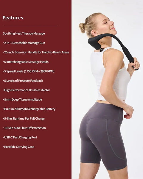 Woman using Upgraded 2 In 1 Massage Gun With Heat For Deep Tissue Back And Neck Relief Extension Handle Pro Grade Handheld