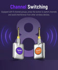 5.8GHz Wireless Guitar System With 24Bit 96KHz Audio Ultra Low 5ms Latency 100ft Range showing two receivers with channel switching
