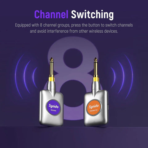 5.8GHz Wireless Guitar System With 24Bit 96KHz Audio Ultra Low 5ms Latency 100ft Range showing two receivers with channel switching