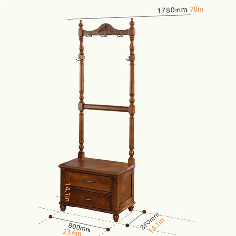 Heavy Duty Double Pole Clothes Rack With Roomy Built In Storage Drawers For Long Coats Portable Floor Standing Closet Organizer, solid wood with storage drawers.