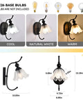 PUMING Black Wall Sconces Set of Two, Vintage Vanity Light Fixture with Flower Glass Shade in cool, natural, warm light settings.