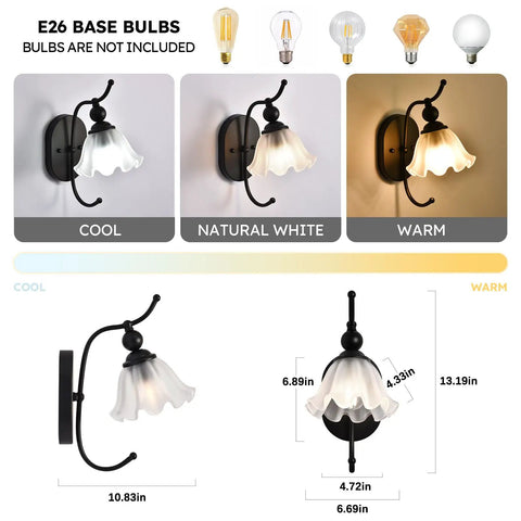 PUMING Black Wall Sconces Set of Two, Vintage Vanity Light Fixture with Flower Glass Shade in cool, natural, warm light settings.