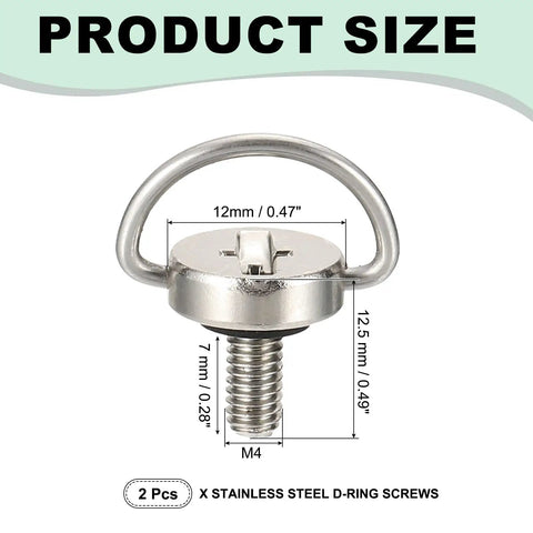 Heavy Duty Stainless Steel D Ring Screws Tough As Nails M4x7mm Thread dimensions with measurements for camera rig use.