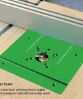 Heavy Duty Aluminum Router Table Insert Plate With Precise Cnc Milled Smooth Surface And Clear Laser Etched Scale Marks on green surface.