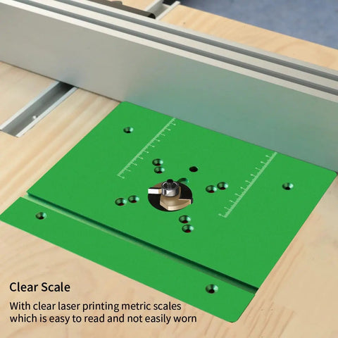 Heavy Duty Aluminum Router Table Insert Plate With Precise Cnc Milled Smooth Surface And Clear Laser Etched Scale Marks on green surface.