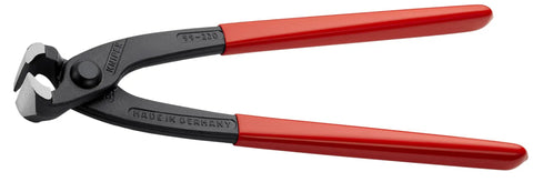 Concreters Nippers With Plastic Coating, 8 3/4 Inch Pliers For Concrete Work, black steel with red plastic grips, side view.