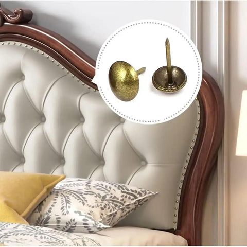 Hella Sturdy Gold Upholstery Tacks 100 Pack Set For Furniture Nailhead Decorative Trim displayed near elegant upholstered headboard.