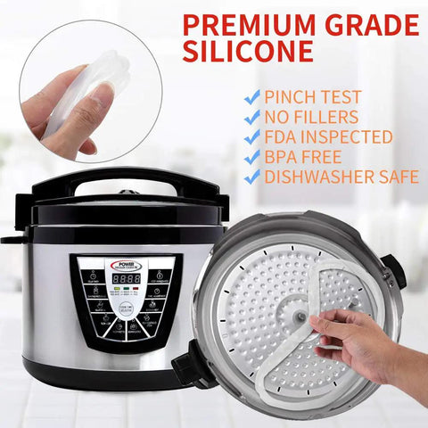 Sealing Ring For 6 Qt Power Cooker Replacement Silicone Gasket displayed with pressure cooker lid, BPA free and dishwasher safe