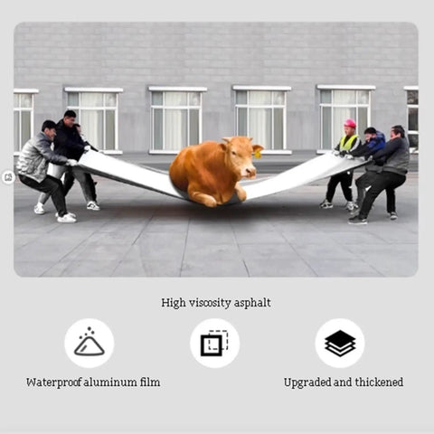 Rock Solid Self Adhesive Waterproof Membrane Roll showcased as workers pull a large sheet while a cow rests on it.