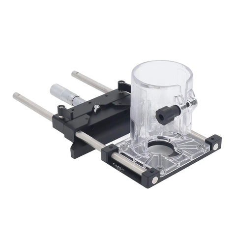 Precision Router Fluting Jig With Micro Adjustment Shim And 0 To 18 Mm Range Tough Aluminum Alloy Build, clear body, designed for precise router alignment.