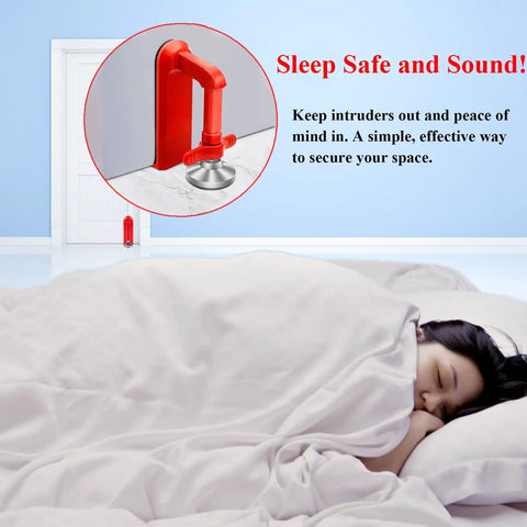 Red portable door lock for travel and home safety anti theft door blocker for hotels and apartments no drill installation easy to use.