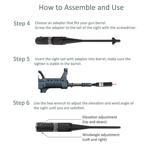 Instructional steps for using Red Dot Laser Bore Sight Kit for Pistols Rifles Scopes and Shotguns with adapters shown.