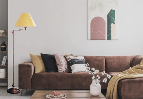 Transitional Swing Arm Floor Lamp With 3 Way Switch 59 Inch Tall Brown Rust Finish beside sofa in modern living room