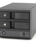Slick Heavy Duty Dual Bay Hard Drive Enclosure For 3.5 Inch SATA Drives With USB C Thunderbolt Support RAID Setup, aluminum build with trayless design.