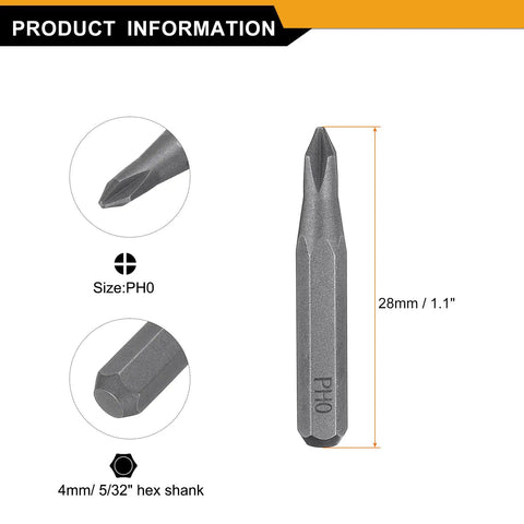 PH0 Phillips Screwdriver Bit Set 5 Pieces Pro Grade 28mm Length 4mm Hex Shank 5/32 Inch Magnetic Cross Head S2 Steel
