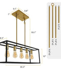 Dimensions of the 5 Light Modern Farmhouse Kitchen Island Chandelier with Black Brass Industrial Vibe, geometric frame.