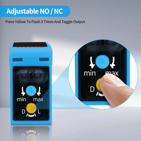 Close-up of blue Photoelectric Sensor Switch PNP NO NC DC 10 30V with adjustable settings for garage parking use AE3Z D81 model.
