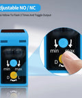 Infrared Photoelectric Sensor Switch NPN Normal Open And Normally Closed, DC 10 To 30V, 80 Cm Range, Reflective Beam Sensor For Garage Parking And Infrared Detection, Easy Install Beast Of A Sensor For Precision Safety. Blue sensor with NO/NC adjustment knob