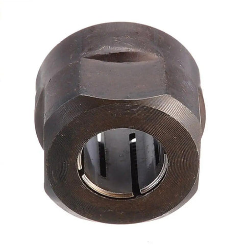 Front view of Metal 13mm Half Inch Collet Nut For Plunge Router Built To Last Black Replacement Part Non OEM Quality 22.5x27mm