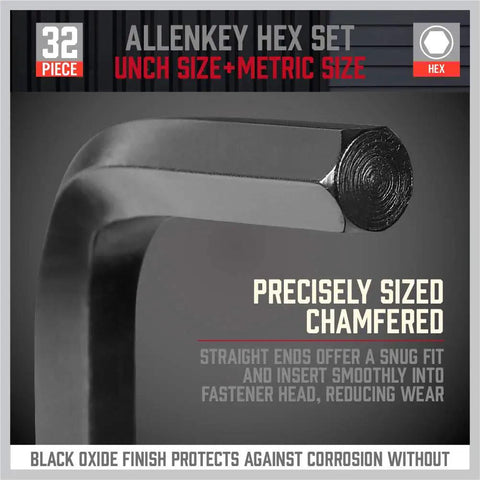 Close-up of Beefy 32 Piece Hex Key Wrench Set with chamfered end for precise fitting, chrome vanadium steel material.