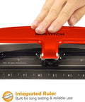 Three Hole Punch With PaperPro EZ Squeeze Technology Delivers 20 Sheet Capacity No Jam Action Easy Peasy Paper Punching Built In Paper Guide Easy Empty Chip Tray Red Finish, showing integrated ruler detail.