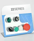 Display of 22 Series switches including Rugged Seven Eighths Inch 3-Position Key Switch With DPDT, industrial-grade durability