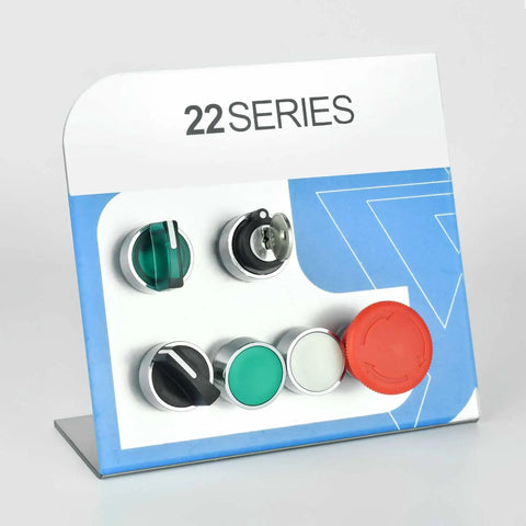 Display of 22 Series switches including Rugged Seven Eighths Inch 3-Position Key Switch With DPDT, industrial-grade durability