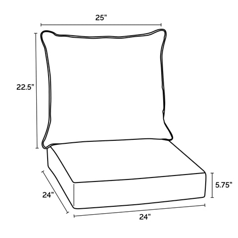 Outline dimensions of Outdoor Deep Seat Cushion Set 4 Pack 24 By 24 Inches Weatherproof and Fade Resistant Patio Cushions. Sizes shown.