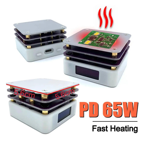 65W Mini Hot Plate Soldering Station for SMD Rework and Desoldering with compact design, showing top and side views