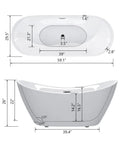 Dimensions of 59 Inch Acrylic Freestanding Bathtub Glossy White Deep Ergonomic Soaking Tub Double Wall Insulation for small spaces.