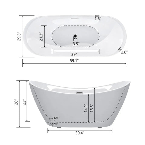 Dimensions of 59 Inch Acrylic Freestanding Bathtub Glossy White Deep Ergonomic Soaking Tub Double Wall Insulation for small spaces.