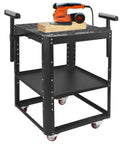 Heavy Duty Steel Power Tool Stand With Smooth Rolling Wheels And Height Adjustable Setup Handles Up To Five Hundred Fifty Pounds for a sander on a wooden block.