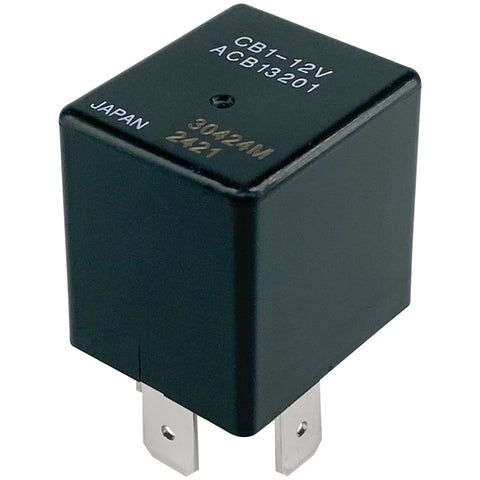 Close-up of black relay labeled CB1-12V ACB13201, part of Beefy 12V 40A 5-Pin SPDT Relay Pack Four Pack For Automotive Systems 12VDC.