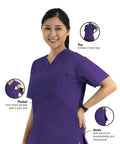 Model wearing Core Unisex V Neck Top Purple With Soft Polyester Cotton Blend For All Day Comfort Tagless Design One Chest Pocket with Pen Slot